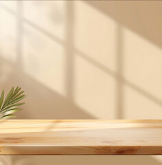 Wooden table top with blurred window shadow on beige wall background for product display presentation and showcase design concept wood banner template wood brown t