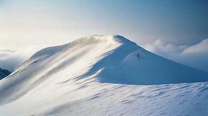 Snowy mountain peak rising above a landscape of clouds.