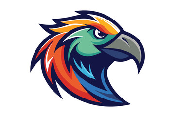 Obraz premium Colorful parrot head with sharp features exhibits strong and focused gaze on a white background