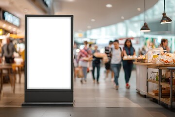 Obraz premium Blank billboard stands ready for an advertisement in a shopping mall setting.