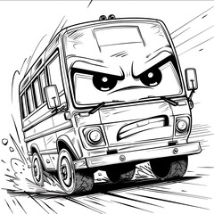toddler coloring book of a cute detailed cartoon vector style outline side angle view Minibus with determined face racing no blackcolored fillin truck tires neat b