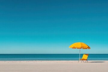 Beach scene with chair and umbrella under blue sky for relaxation and vacation planning, travel blogs, and summer promotions.