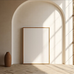 blank white painting with very thin light wood frame DIN A 4 propped in an arched soffit sunlight