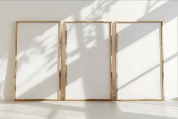 Three A4 size frames standing side by side on a white wall three blank poster light wood frames well sunlight no shadow shot on 12mm hyper realistic