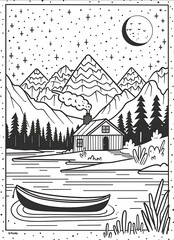 Create a simple coloring book page that illustrates a quaint lakeside setting The scene is framed within an oval border It features a cozy cabin with smoke driftin