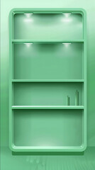 green empty vertical rectangle with shelves for products soft lighting from the top right corner soft green background vector illustration style flat design high r