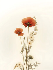 An arrangement of three vintage retro flowers with stems with a poppy flower in the center and white larkspur flowers on the sides against a white background
