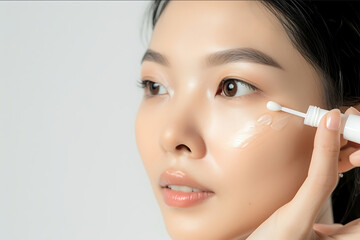 beautiful asian woman applying a small drop of facial cream to her skin stock photo tnsc fairytale realism style postinternet aesthetics texture events porcelain h
