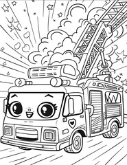 Craft a delightful coloring page that showcases a kawaiiinspired fire truck in a dynamic yet simplified setting suitable for teens The illustration should focus on
