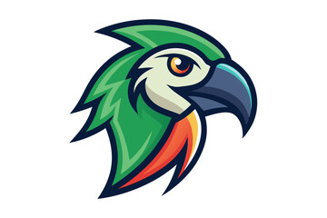 A stylized parrot head featuring green feathers and a striking orange eye is displayed