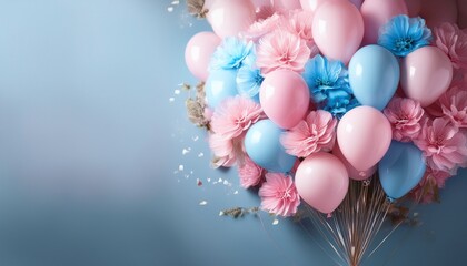 a bunch of balloons with pink and blue flowers