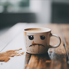 closeup on a cup of coffee that is unhappy to be awake in the morning sitting on a plain white table background in soft focus Meme vibes