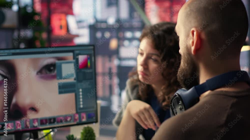 Poster graphic designer and photographer collaborate in a modern studio, using photo editing software and t