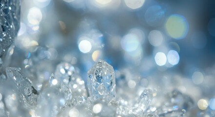 Sparkling Clear Quartz Crystals Cluster Macro Close up Glistening Gems Blue Bokeh Background