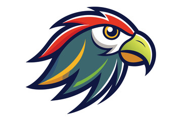 Cartoon parrot profile showcases colorful plumage and a striking, stylized eye on a clean backdrop