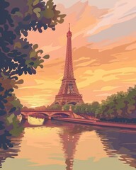 Colorful stylized depiction of Parisian cityscape at sunrise.