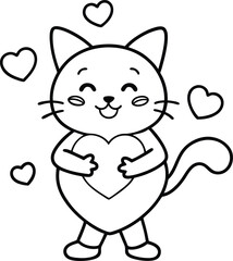 Cute Cat Holding Heart Outline Illustration 