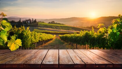 empty wooden table on the background of vines tuscan landscape at sunrise high quality photo
