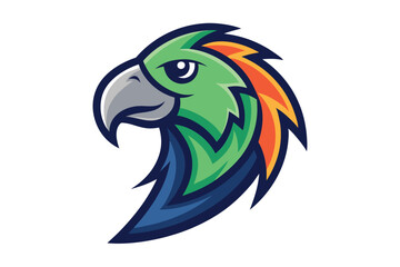 Vibrant green and orange parrot head profile looks determined and fierce, a bold design