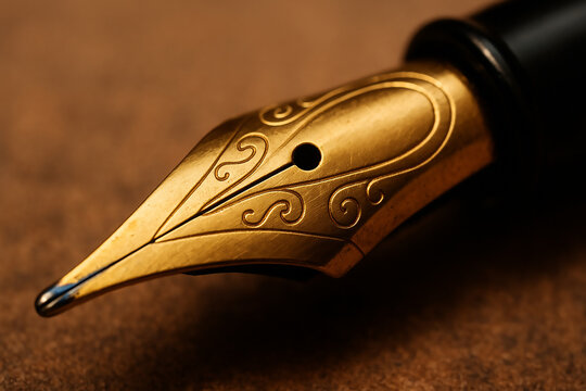 Macro close-up of gold fountain pen nib in warm light
