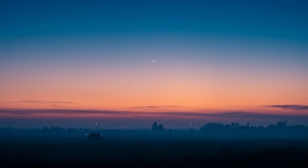 Naklejka premium Serene Sunset Landscape Hazy Horizon Crescent Moon and Silhouetted Trees