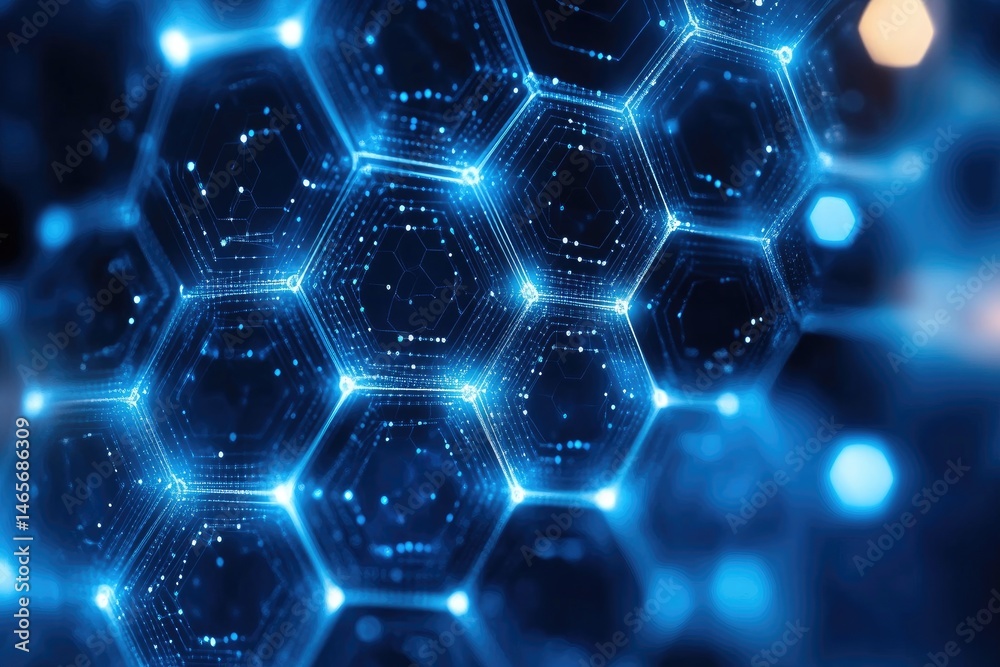 Poster abstract digital display of interconnected hexagonal patterns.