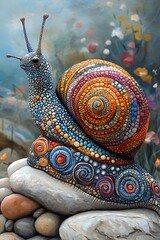 Colorful mosaic snail sculpture atop stones.