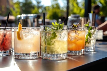 A variety of different gin and tonics in glasses on the bar, with some garnishes, on an outdoor terrace The background is blurred to emphasize the drinks Generative AI