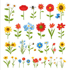 Wildflower meadow icon set with poppies daisies sunflowers and bees in natural vibrant colors 8K UltraHD SuperResolution