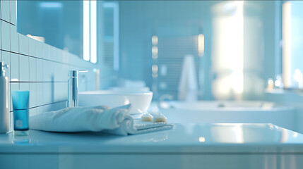 A bathroom empty table top with a clean bathroom background LOCATION bathroom GENRE hyper photo realistic TAGS Cinematic framing wide shot CAMERA RED Dragon Camera 8