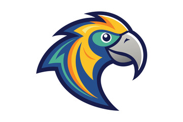 Colorful macaw emblem displays vibrant plumage, showing the bird's profile against a white background