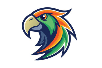 Colorful parrot head displays sharp features and detailed plumage on a stark white backdrop