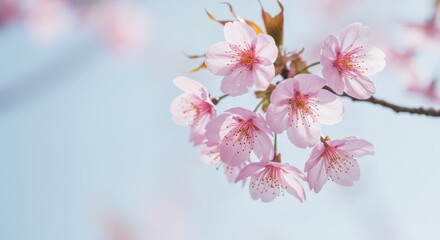 Obraz premium Elegant close-up of delicate pink cherry blossoms against a soft blue backdrop