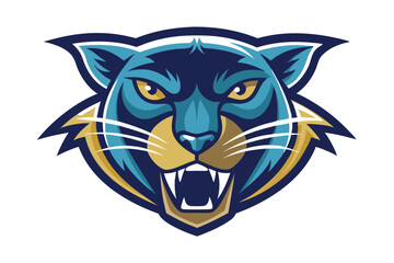 Fierce blue panther face shows sharp teeth and golden eyes on white background