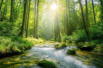 Obraz premium Sunlit Stream Flowing Through a Vibrant Forest with Mossy Rocks and Lush Greenery