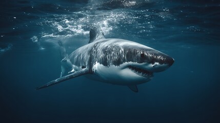 Fototapeta premium 青い海を泳ぐホホジロザメ