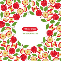 Square Apple Frame with fruits and leaves. Red Green border, organic farm food. Hand drawn summer vector illustration for Menu, packaging, advertising, poster template. Farm Harvest background