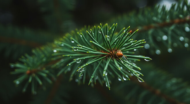 Close-up of Evergreen Pine Needles with water drops: A detailed, high-resolution capture showcasing the sharp, green needles of a pine branch, each glistening with delicate water droplets.