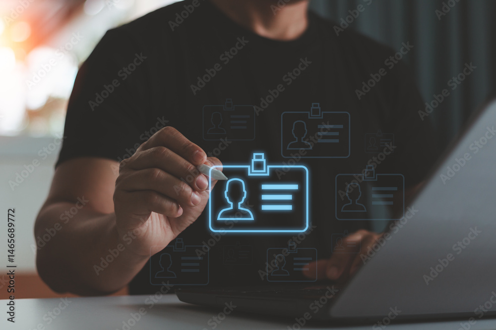 Aufkleber Businessman hand a digital ID profile information card for modern business authentication digital identity privacy concept. Cyber security, secure internet access, data protection in the world.