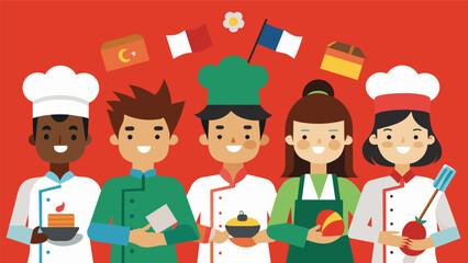 A group of culinary students from China Italy and Mexico gather to share their cultures unique es and flavor profiles.. Vector illustration