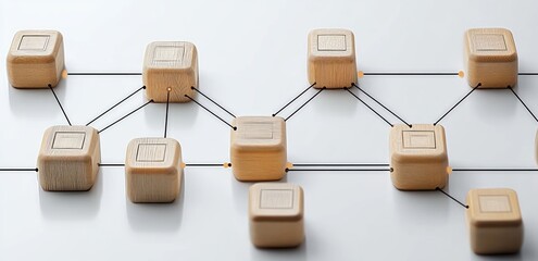 Wooden blocks connected by black lines on white surface representing a network or system with an abstract and organized feel