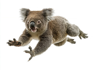 Centrally positioned gray kangaroo in mid-jump against white background Angled form, contrasting fur, and turned head create intimacy Display of strength and agility shown through ext - AI-Generated