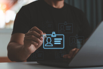 Businessman hand a digital ID profile information card for modern business authentication digital identity privacy concept. Cyber security, secure internet access, data protection in the world.