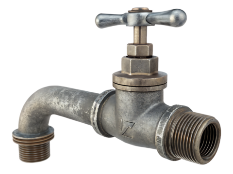 A close up shot of a weathered metal faucet with a cross shaped handle against a black background - Powered by Adobe