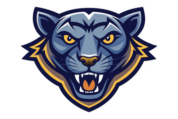 Stylized blue panther head shows sharp teeth and glaring yellow eyes menacingly