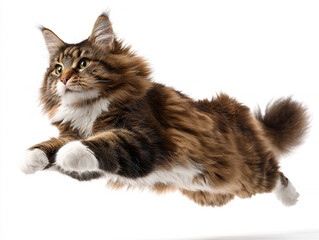 A candid photograph captures a tabby cat in mid-air, with its fur spread and tail extended The setting is an evenly lit indoor environment without distractions The cats eyes are wide - AI-Generated