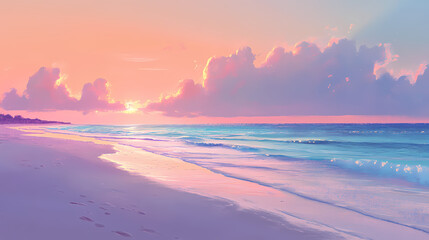 Fototapeta premium Pastel sunrise hues illuminate cancun beach, soft sand , hues, sky, background. [Solar Echoes] | Dawn Spectrum | sunrise hues. Illustration