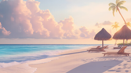 Pastel sunrise hues illuminate cancun beach, soft sand , hues, sky, background. [Solar Echoes] | Dawn Spectrum | sunrise hues. Illustration
