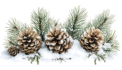 Winter scene with pine boughs and cones covered in snow.