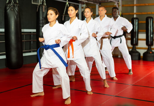 Adults in kimono trying new martial moves at karate class